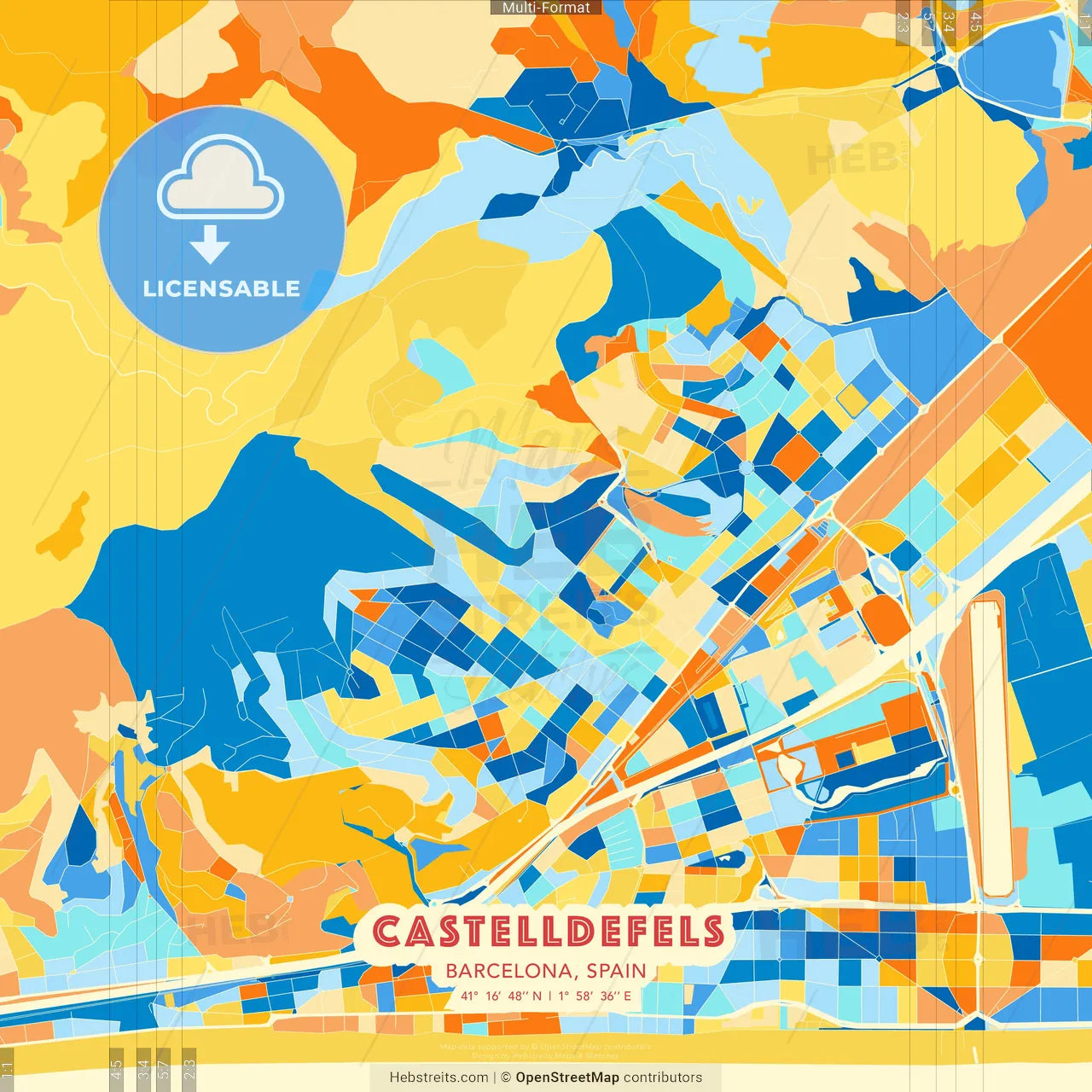 Castelldefels, Barcelona, Spain blue and orange vector art map template