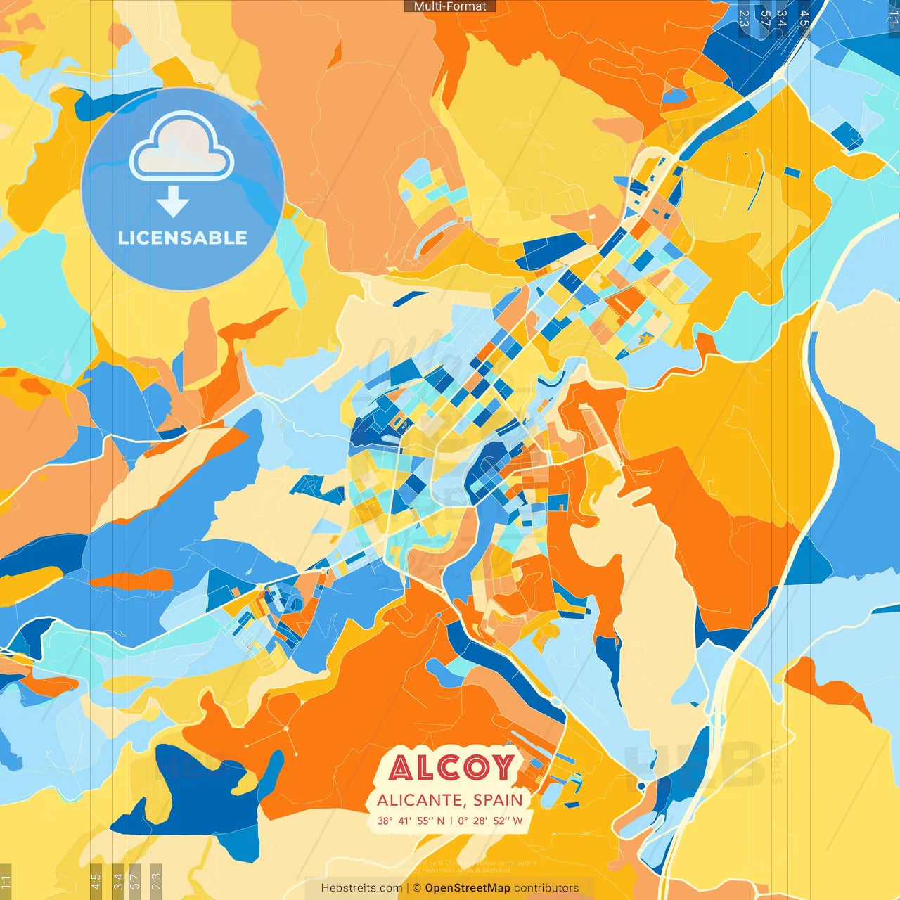 Alcoy, Alicante, Spain blue and orange vector art map template
