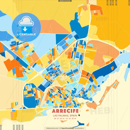 Arrecife, Las Palmas, Spain blue and orange vector art map template