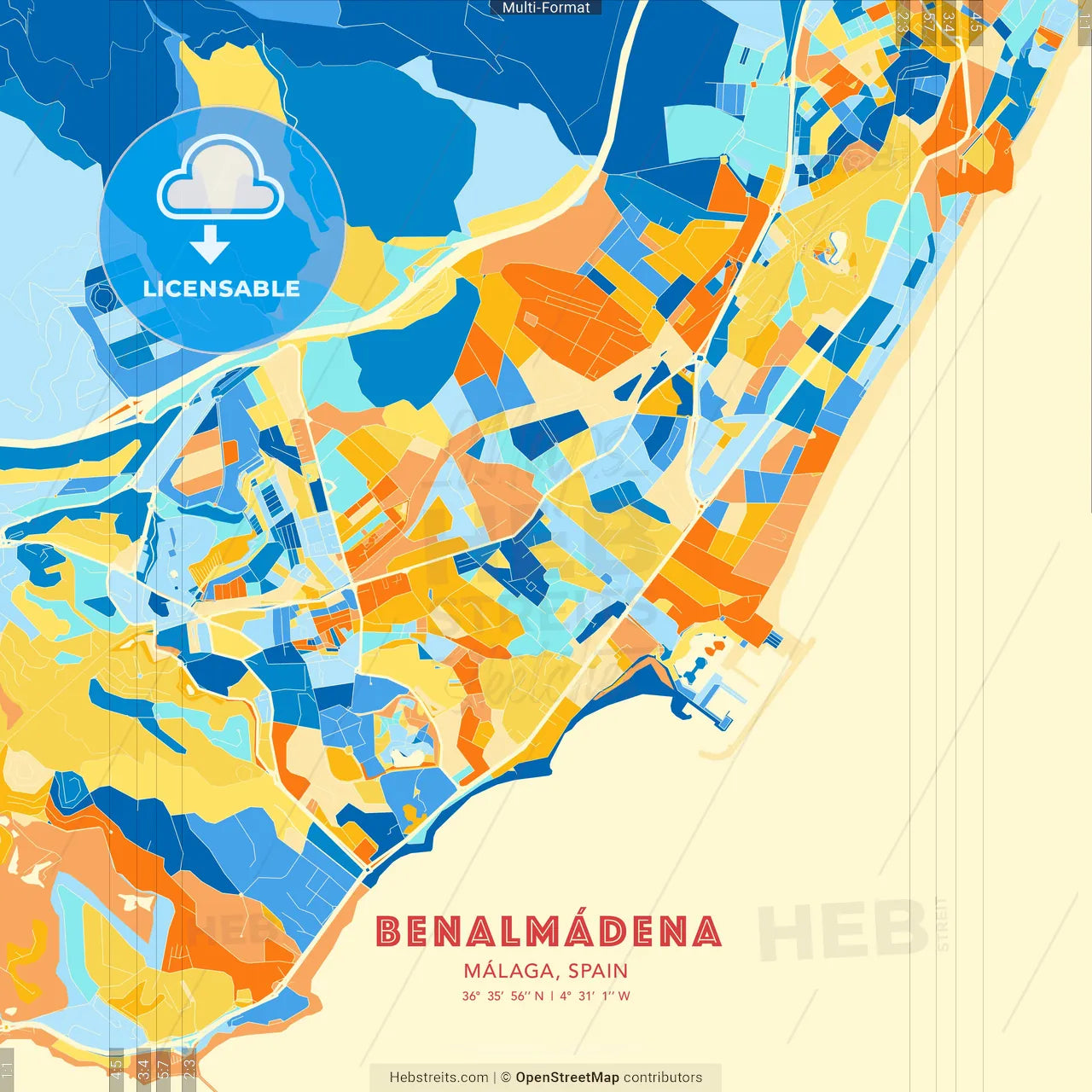 Benalmádena, Málaga, Spain blue and orange vector art map template
