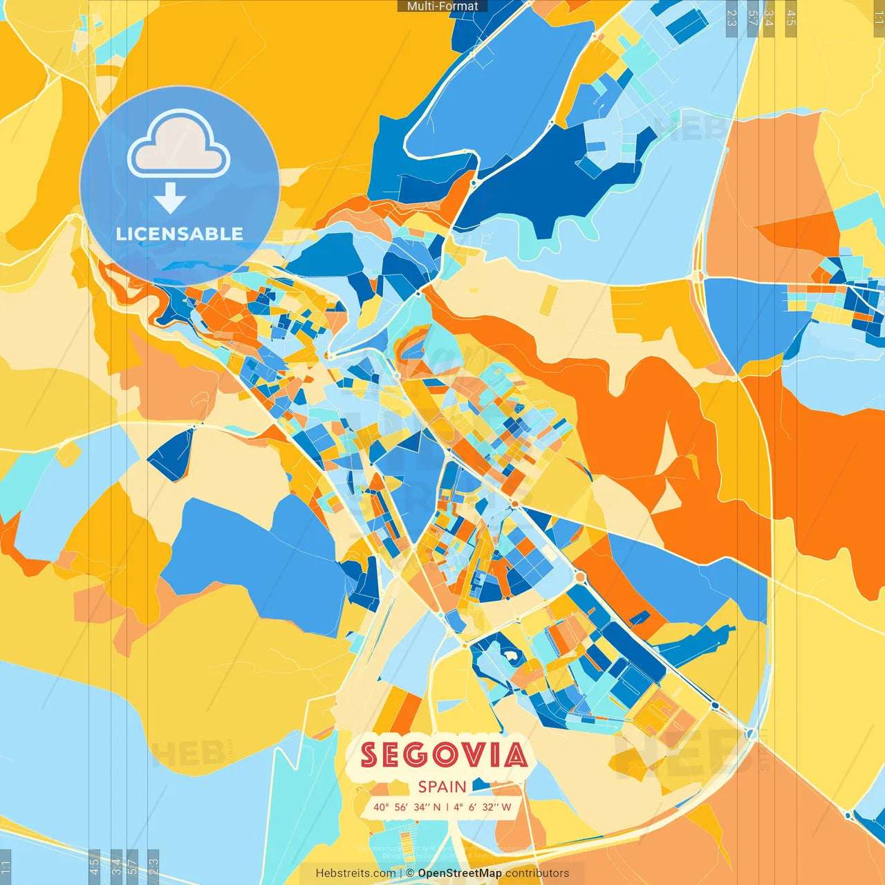 Segovia, Spain blue and orange vector art map template