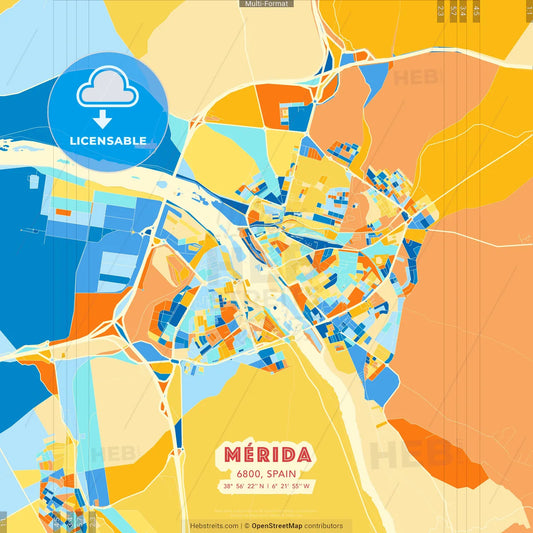 Mérida, 6800, Spain blue and orange vector art map template