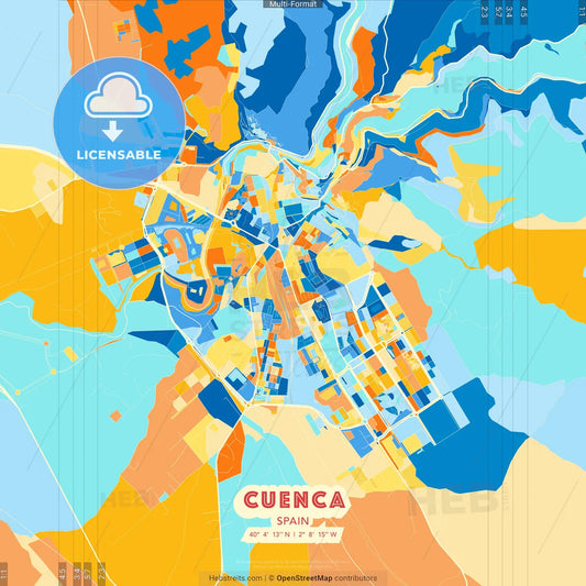 Cuenca, Spain blue and orange vector art map template
