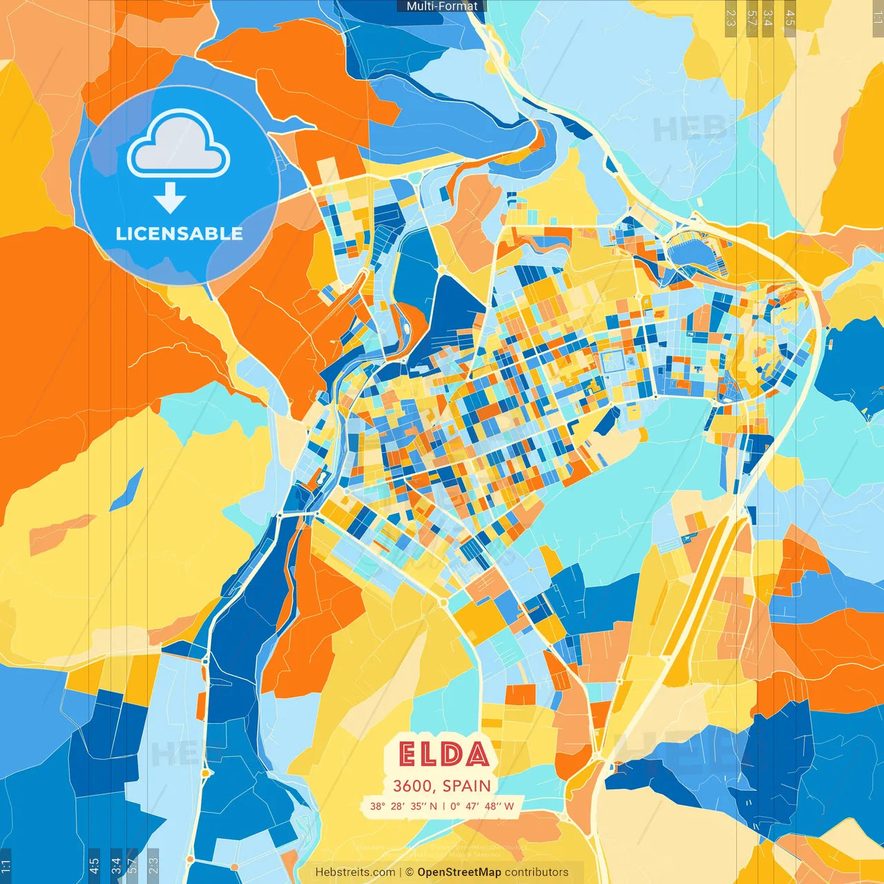 Elda, 3600, Spain blue and orange vector art map template