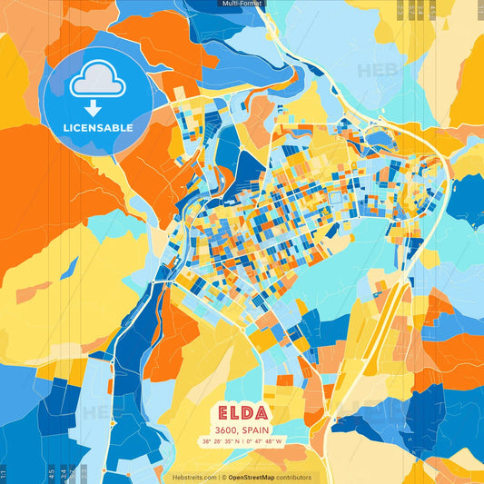 Elda, 3600, Spain blue and orange vector art map template