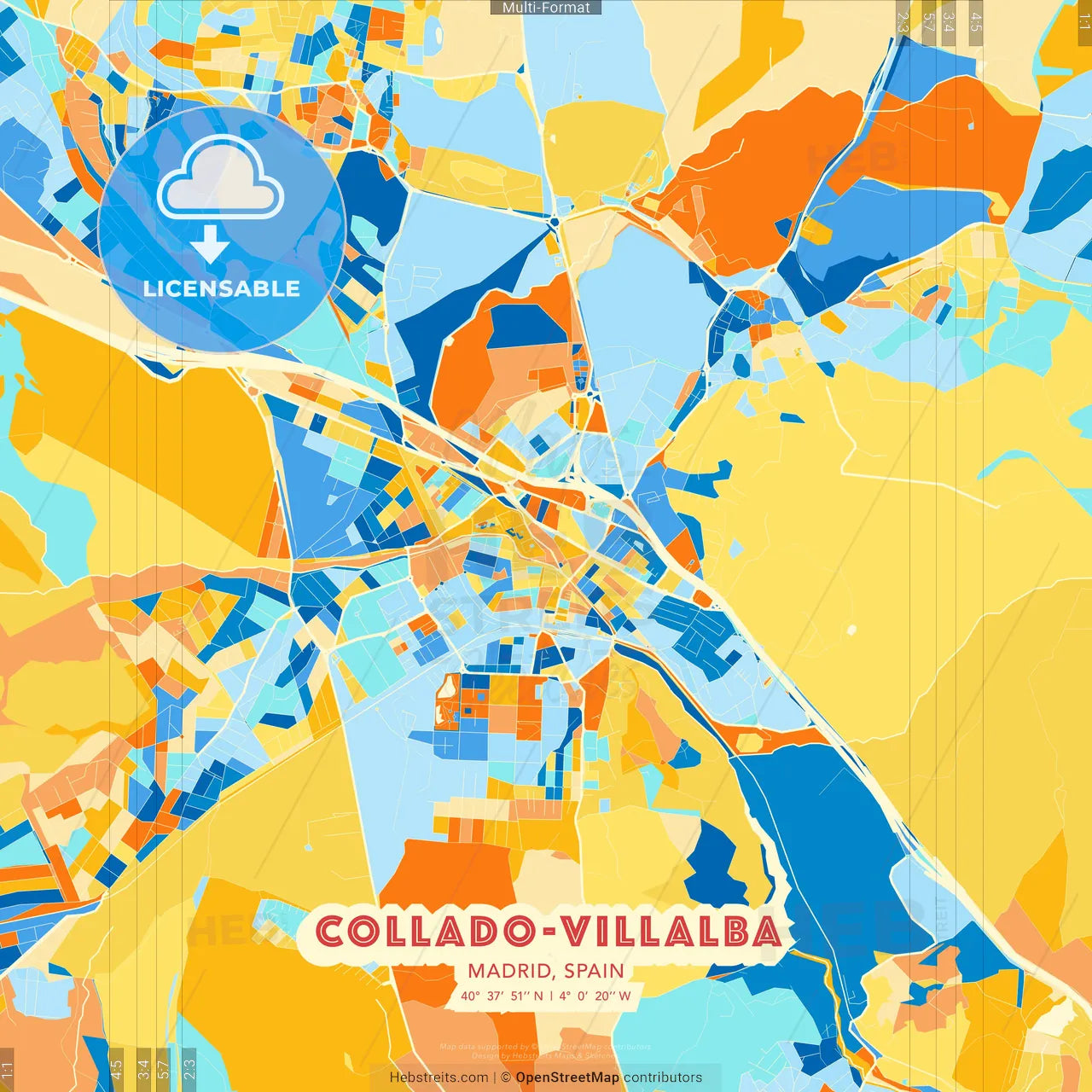 Collado-Villalba, Madrid, Spain blue and orange vector art map template