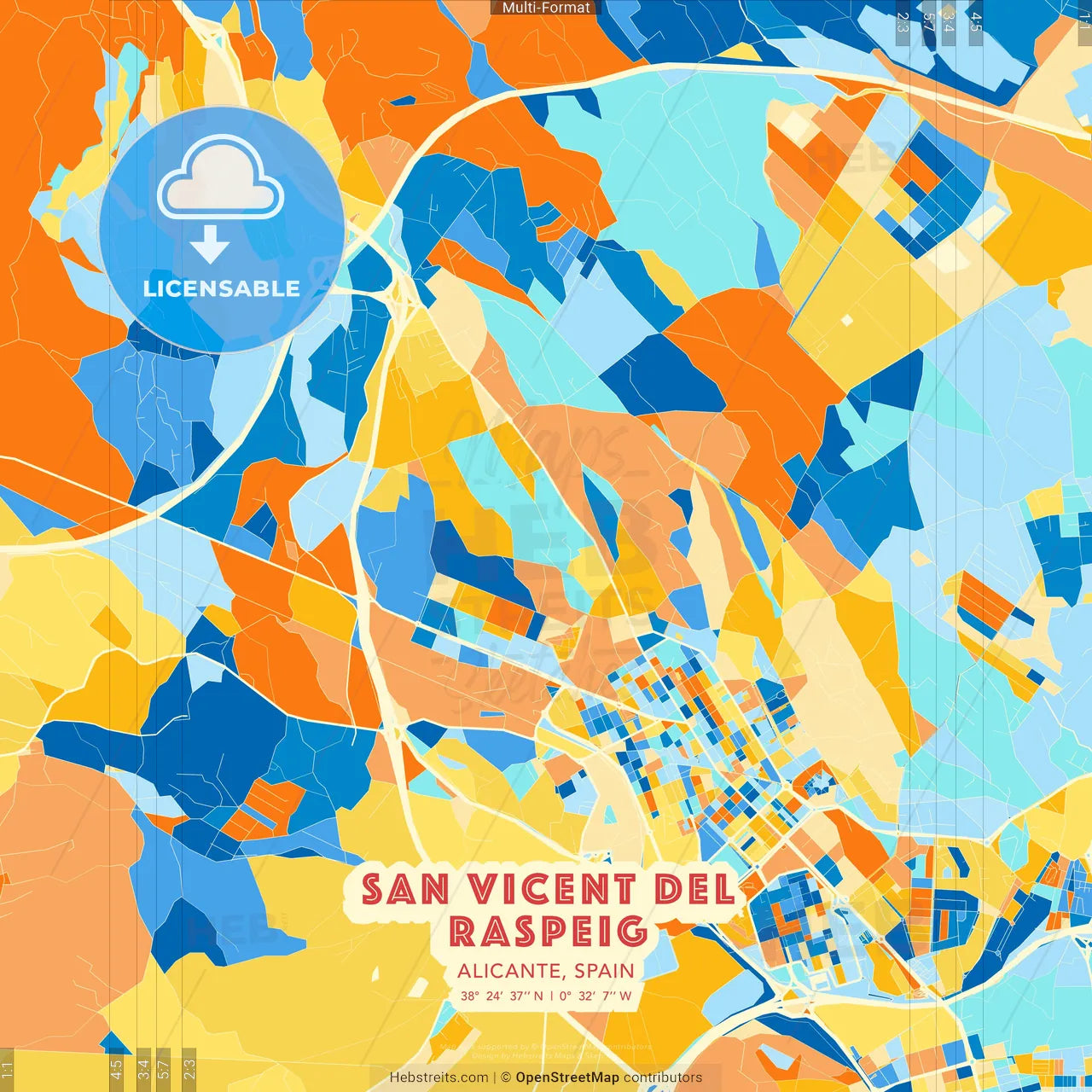 San Vicent del Raspeig, Alicante, Spain blue and orange vector art map template