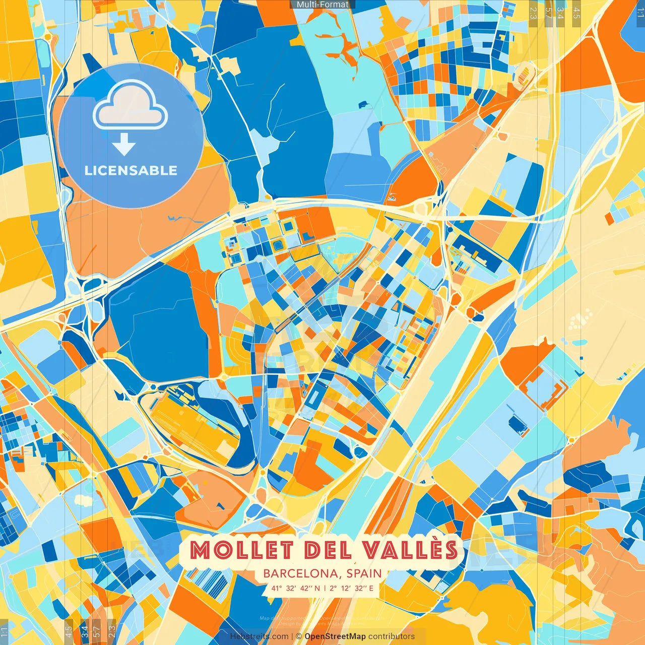 Mollet del Vallès, Barcelona, Spain blue and orange vector art map template