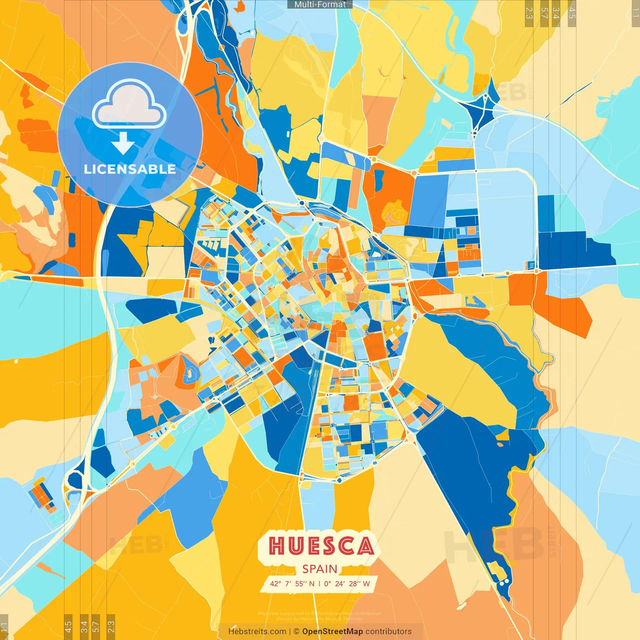 Huesca, Spain blue and orange vector art map template