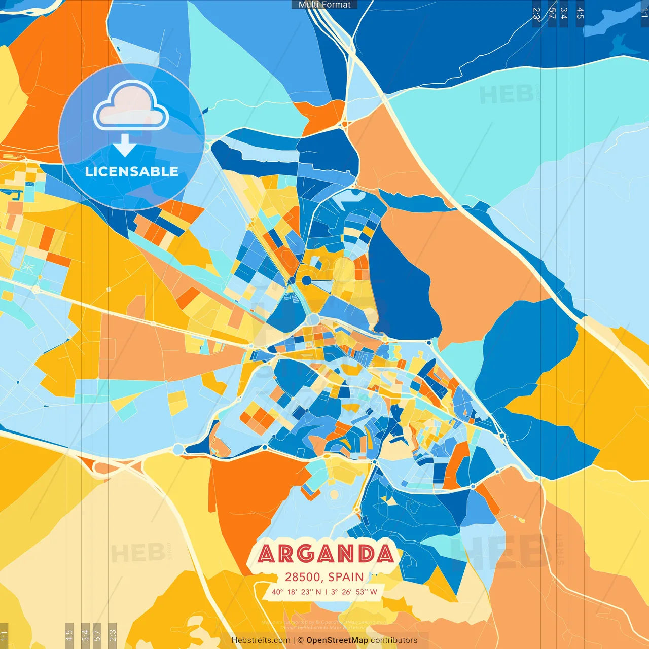 Arganda, 28500, Spain blue and orange vector art map template