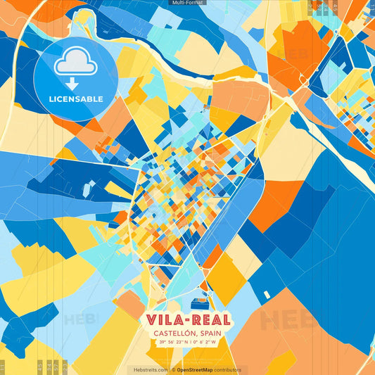 Vila-real, Castellón, Spain blue and orange vector art map template