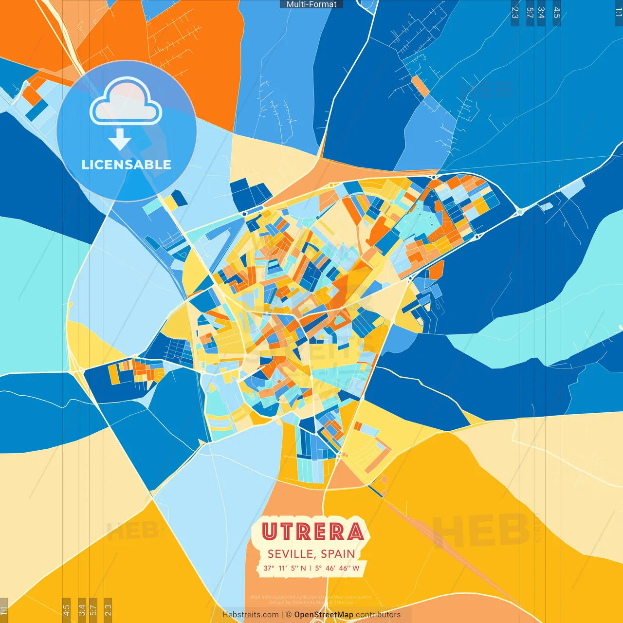 Utrera, Seville, Spain blue and orange vector art map template