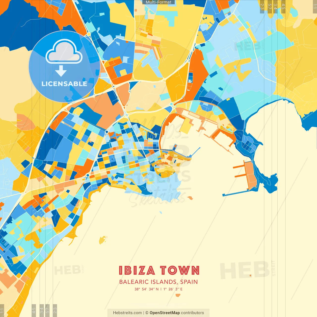 Ibiza Town, Balearic Islands, Spain blue and orange vector art map template