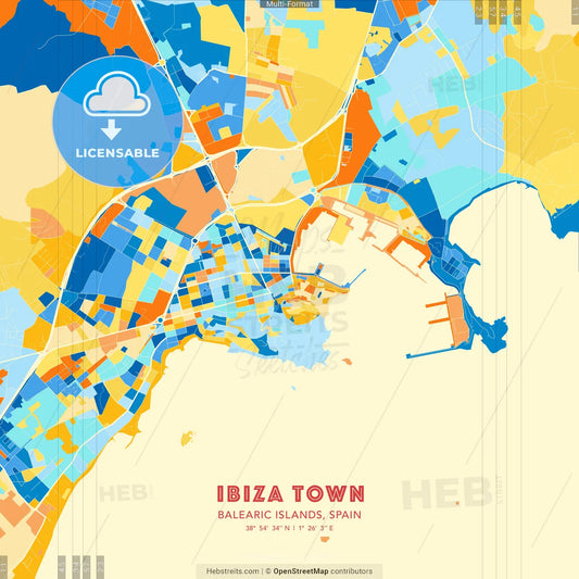 Ibiza Town, Balearic Islands, Spain blue and orange vector art map template