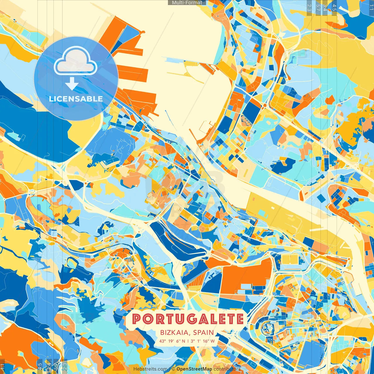 Portugalete, Bizkaia, Spain blue and orange vector art map template