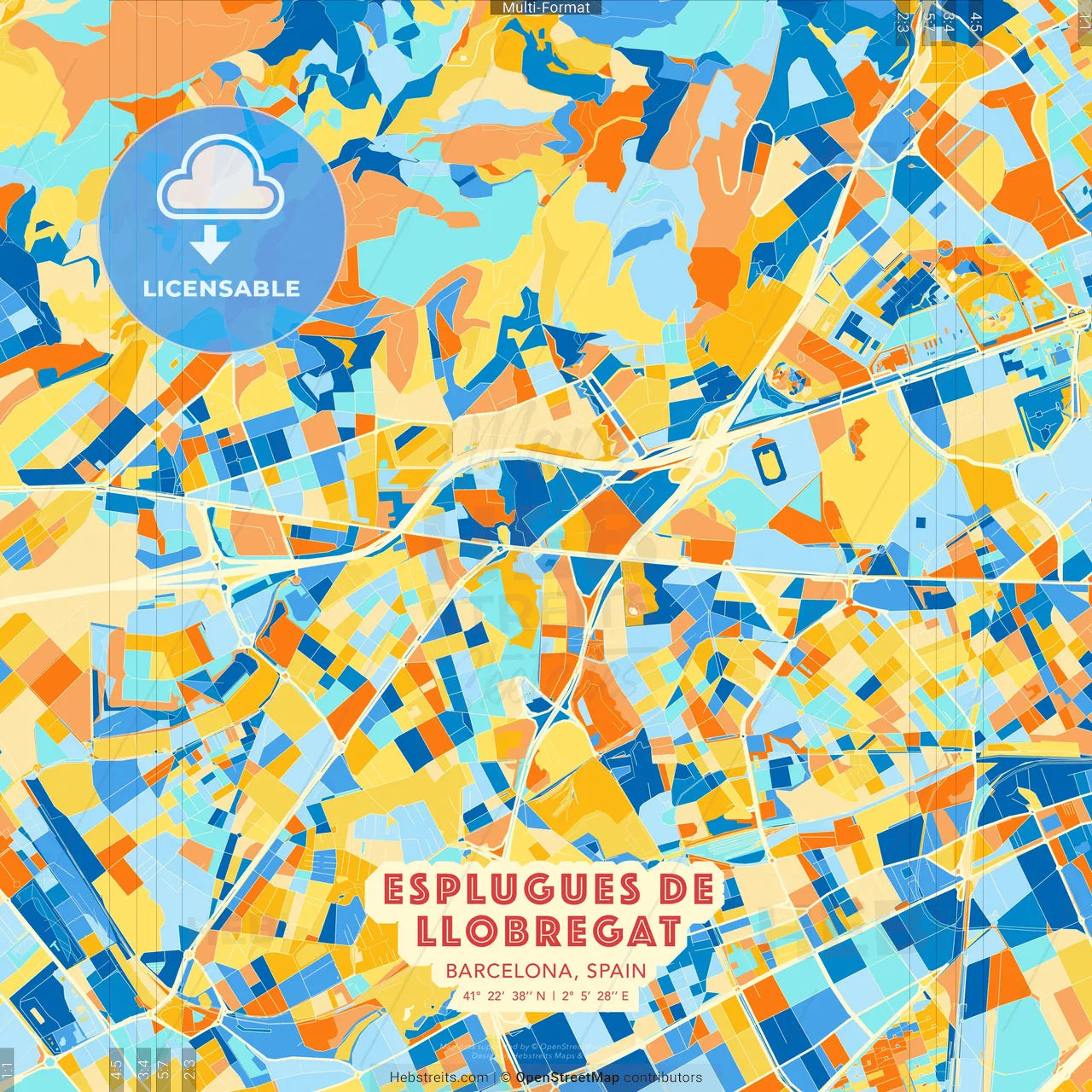 Esplugues de Llobregat, Barcelona, Spain blue and orange vector art map template