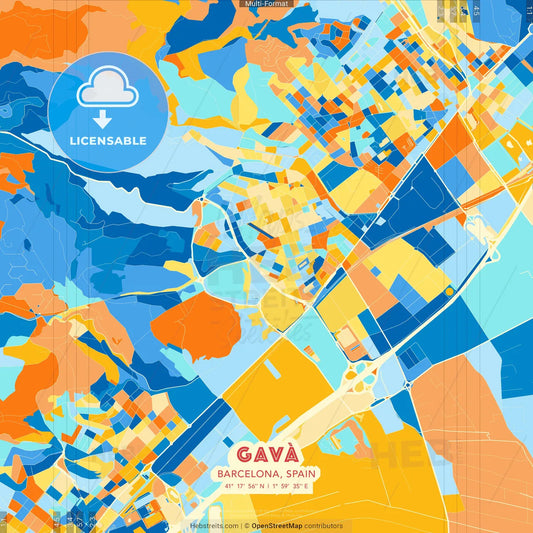 Gavà, Barcelona, Spain blue and orange vector art map template