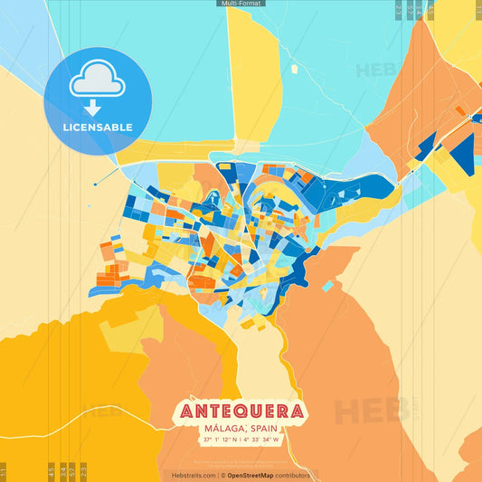 Antequera, Málaga, Spain blue and orange vector art map template