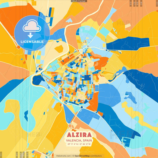 Alzira, Valencia, Spain blue and orange vector art map template