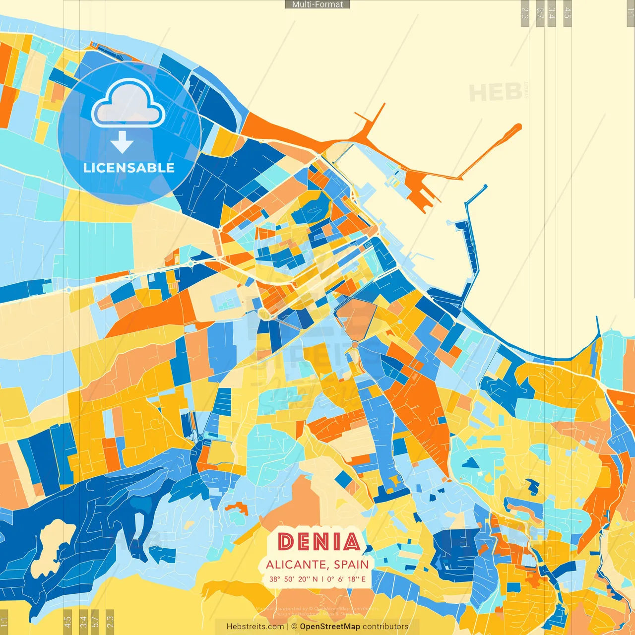 Denia, Alicante, Spain blue and orange vector art map template