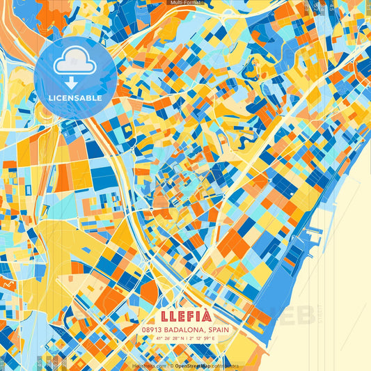 Llefià, 08913 Badalona, Spain blue and orange vector art map template