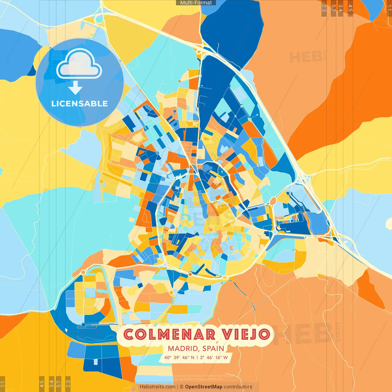 Colmenar Viejo, Madrid, Spain blue and orange vector art map template