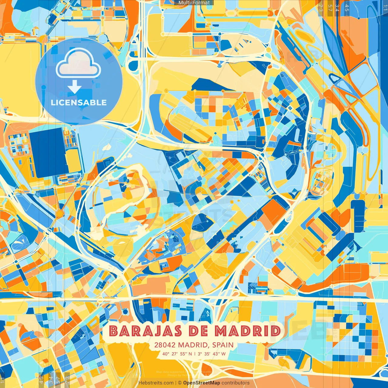 Barajas de Madrid, 28042 Madrid, Spain blue and orange vector art map template
