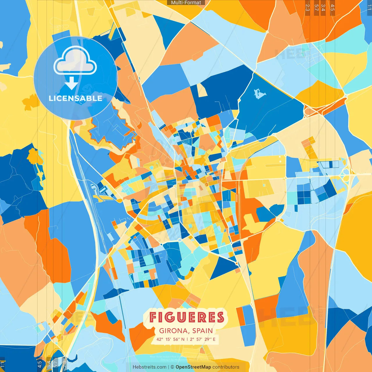 Figueres, Girona, Spain blue and orange vector art map template
