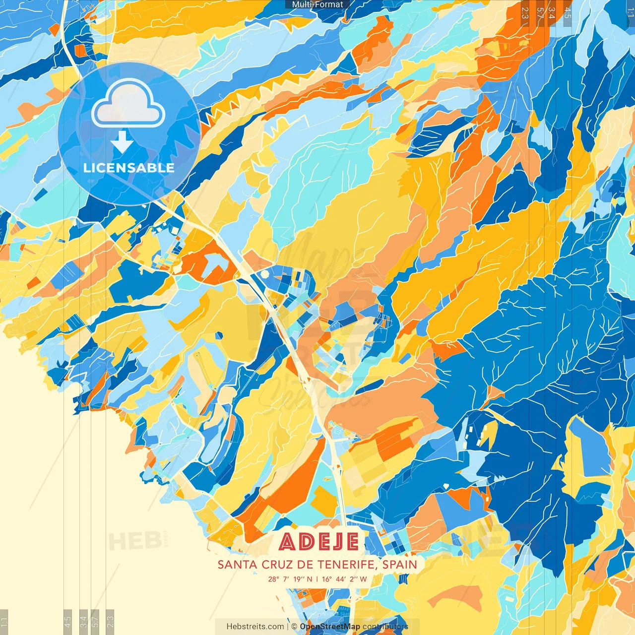 Adeje, Santa Cruz de Tenerife, Spain blue and orange vector art map template