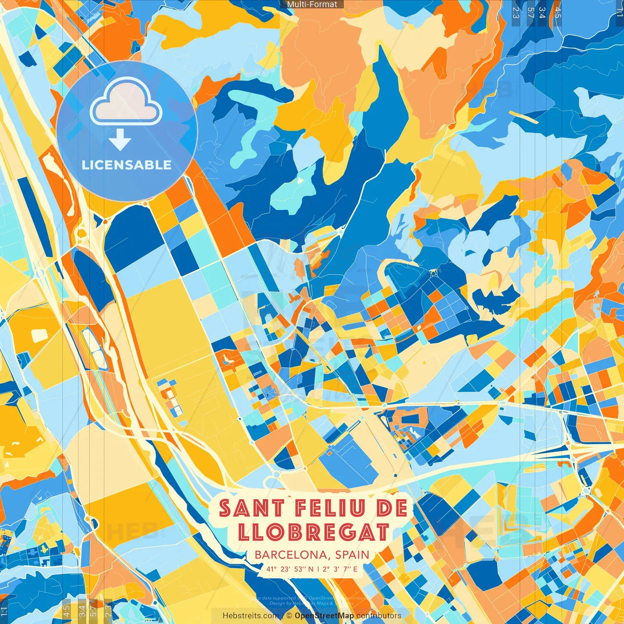 Sant Feliu de Llobregat, Barcelona, Spain blue and orange vector art map template