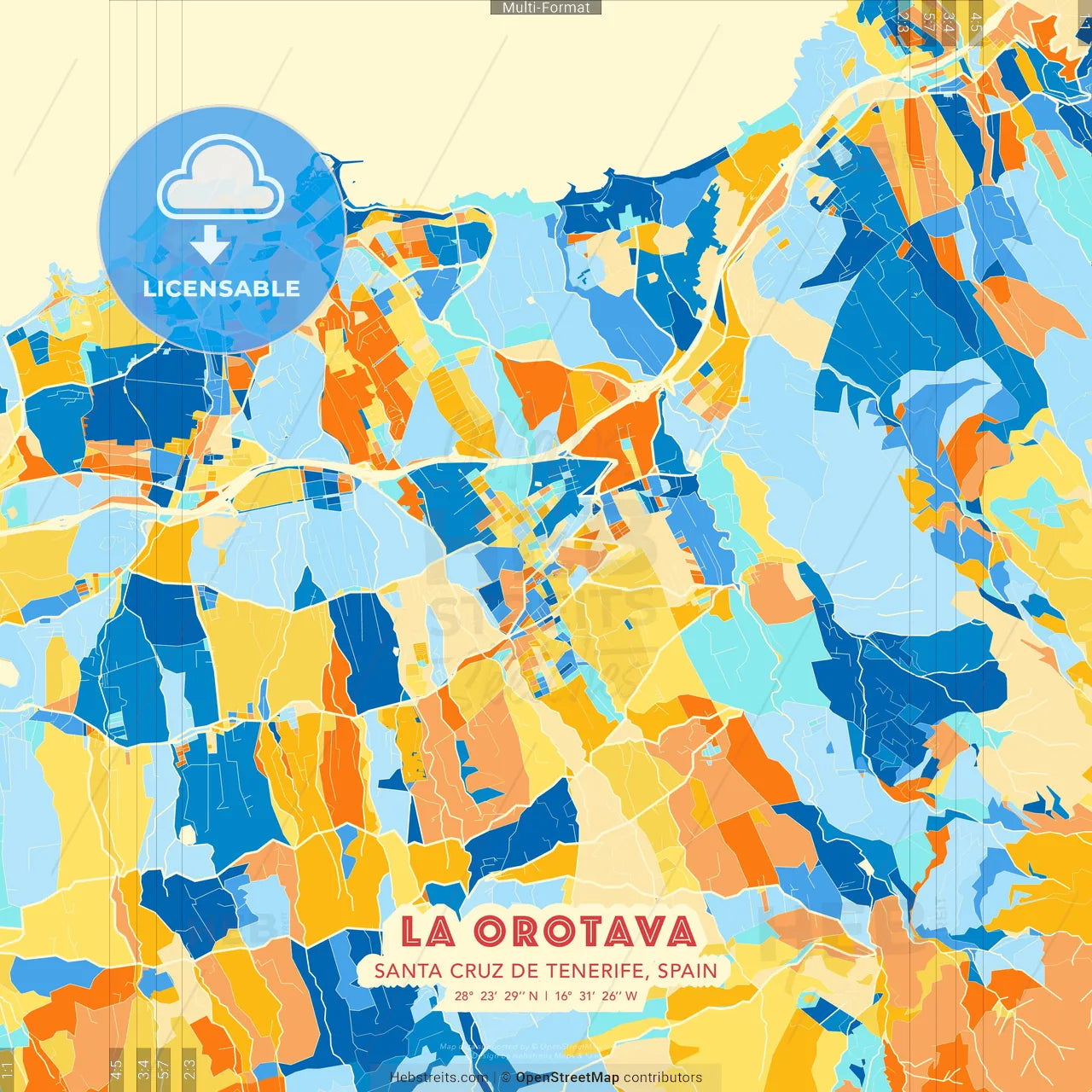 La Orotava, Santa Cruz de Tenerife, Spain blue and orange vector art map template