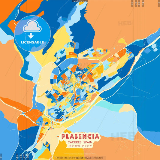 Plasencia, Cáceres, Spain blue and orange vector art map template