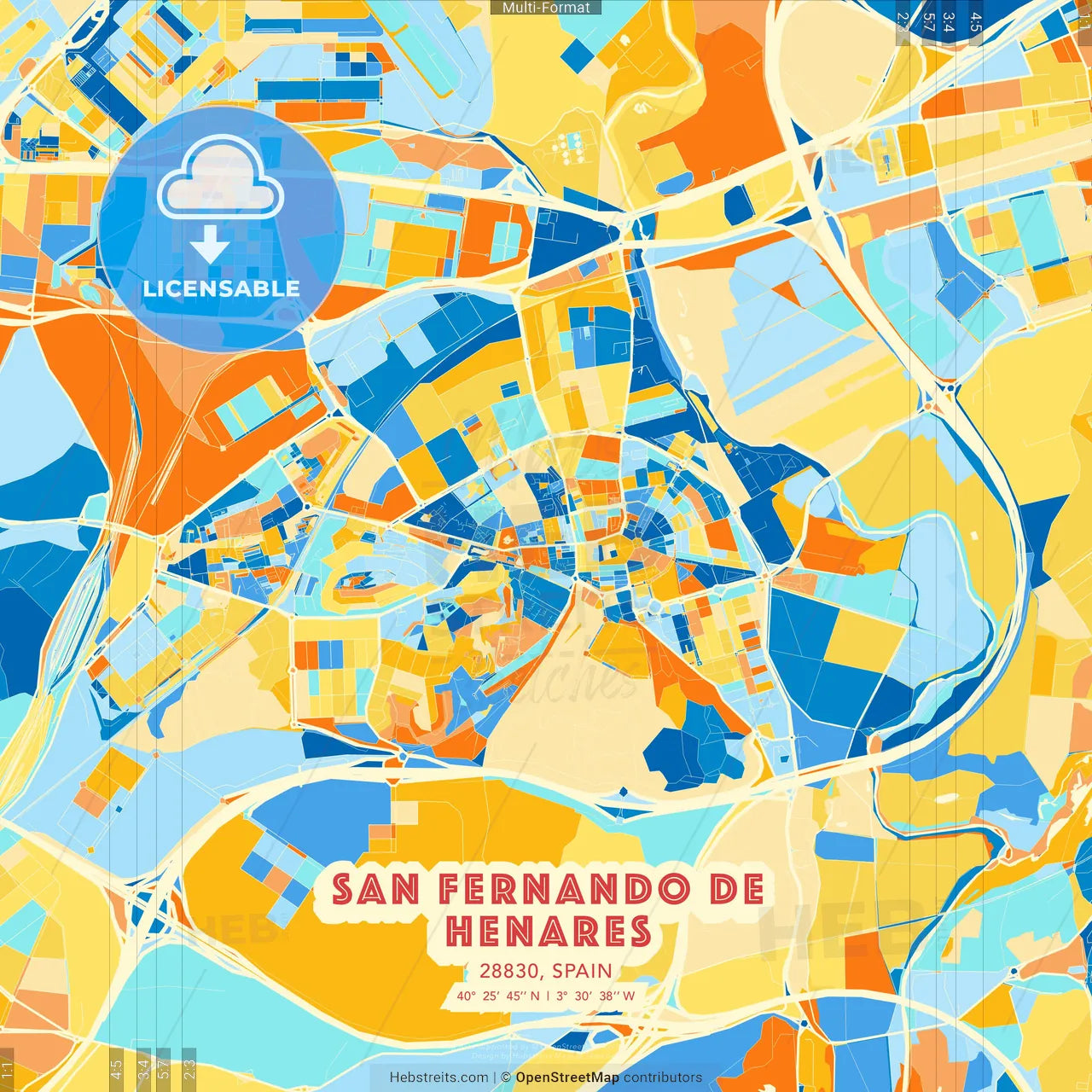 San Fernando de Henares, 28830, Spain blue and orange vector art map template
