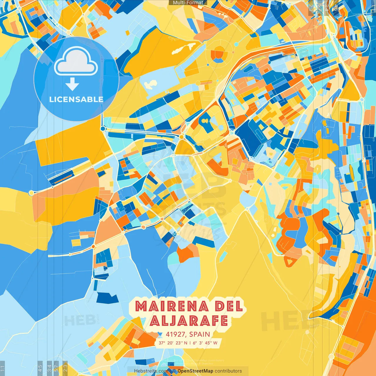 Mairena del Aljarafe, 41927, Spain blue and orange vector art map template
