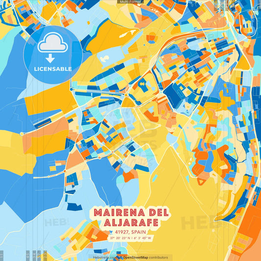 Mairena del Aljarafe, 41927, Spain blue and orange vector art map template