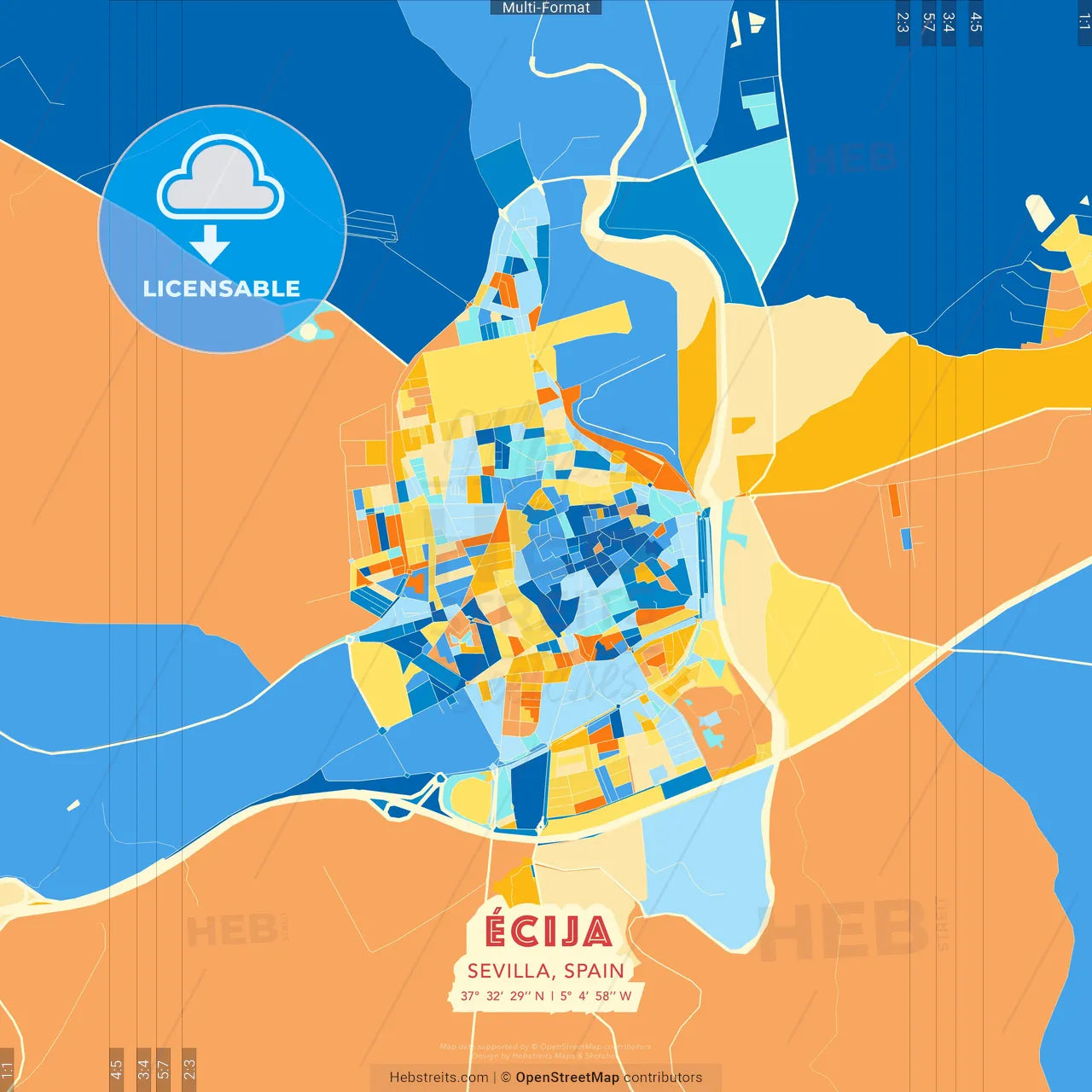 Écija, Sevilla, Spain blue and orange vector art map template