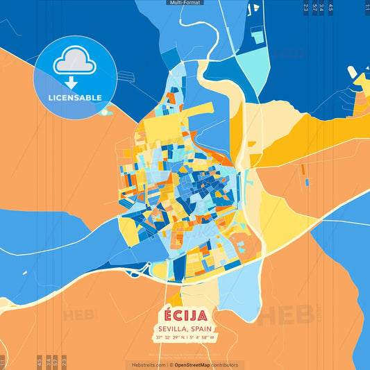 Écija, Sevilla, Spain blue and orange vector art map template