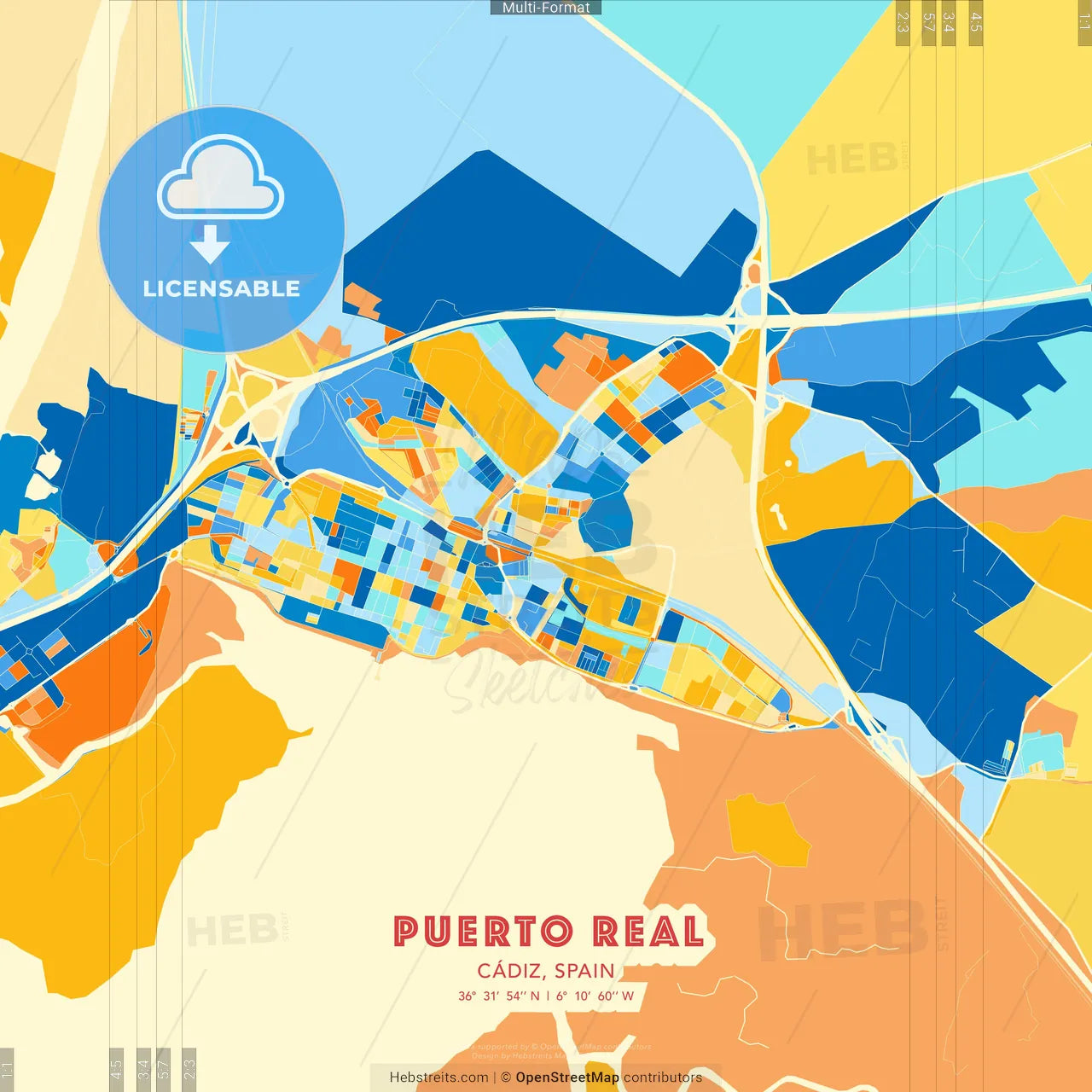 Puerto Real, Cádiz, Spain blue and orange vector art map template