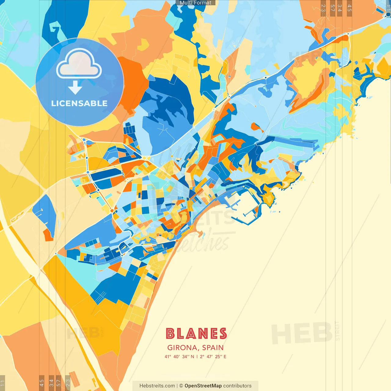 Blanes, Girona, Spain blue and orange vector art map template