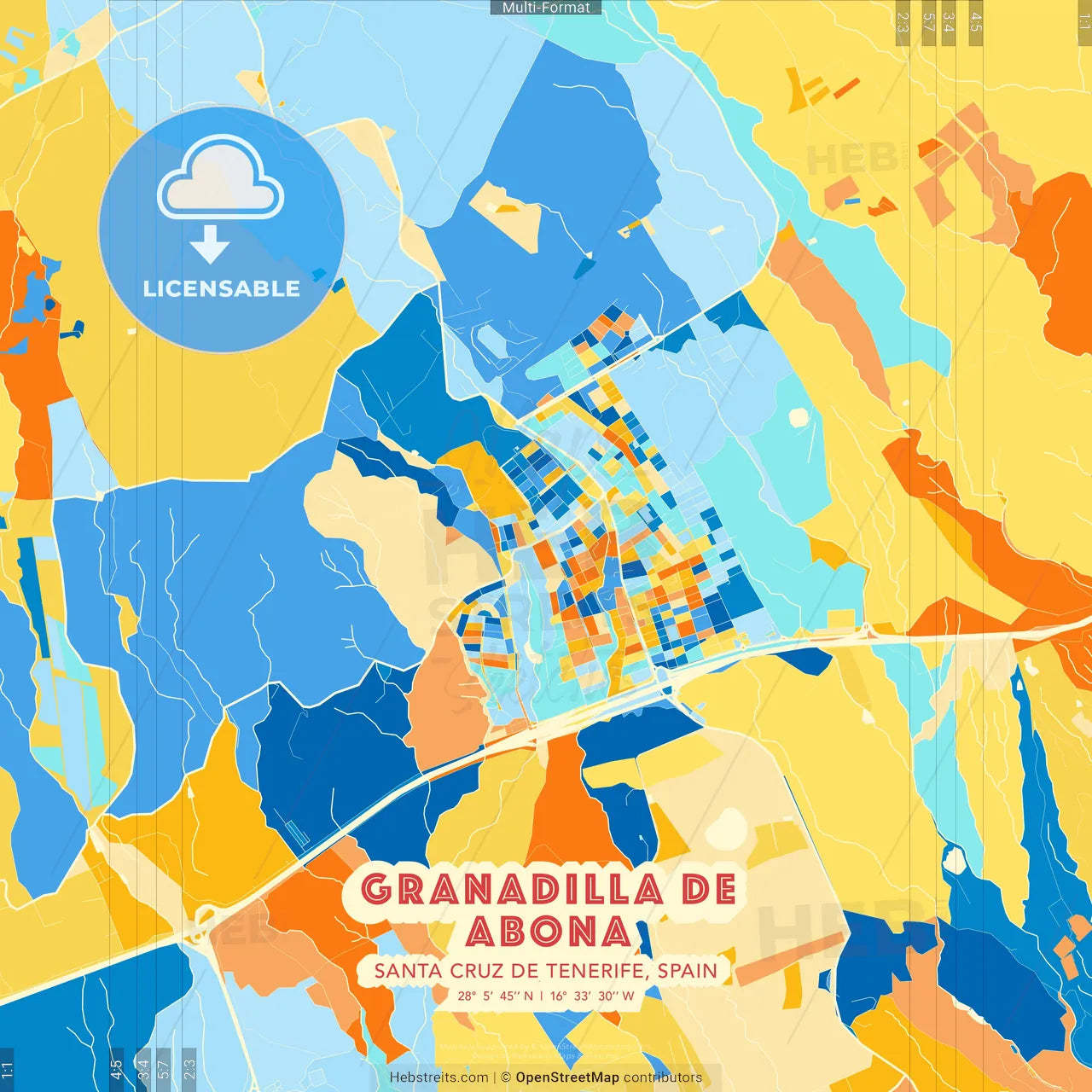 Granadilla de Abona, Santa Cruz de Tenerife, Spain blue and orange vector art map template