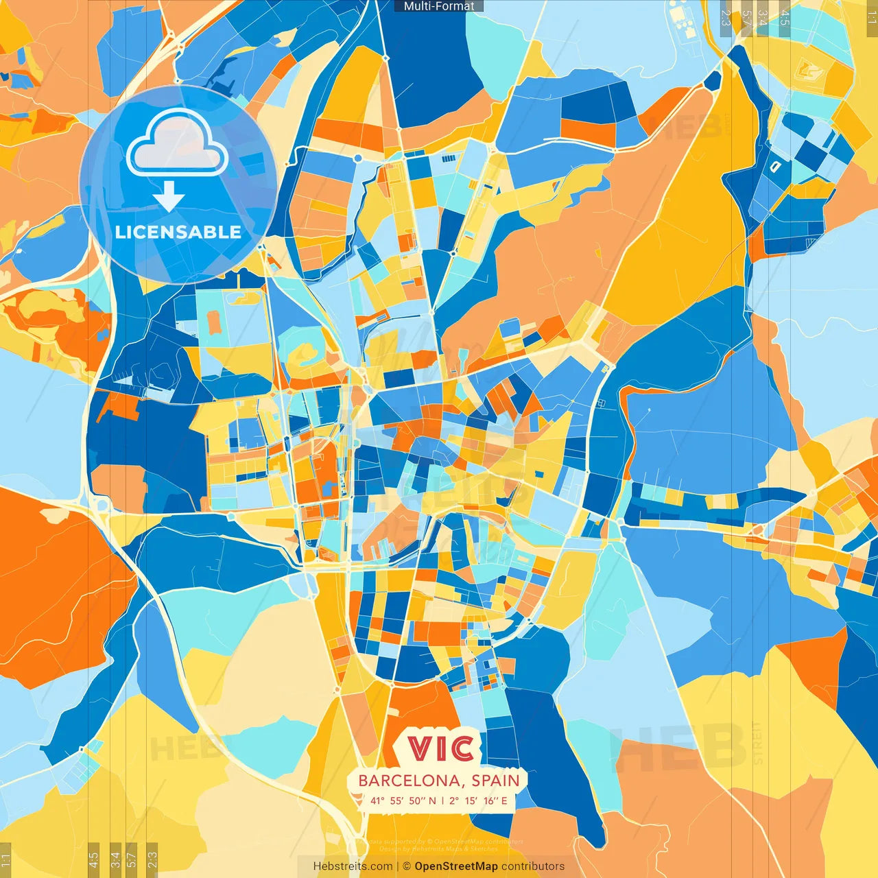 Vic, Barcelona, Spain blue and orange vector art map template