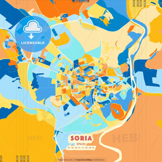 Soria, Spain blue and orange vector art map template