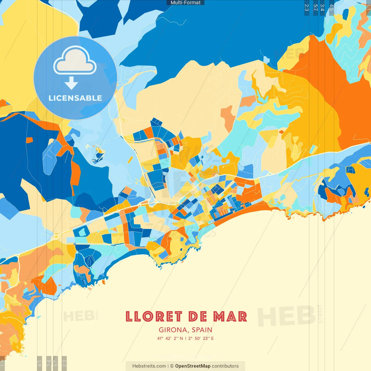 Lloret de Mar, Girona, Spain blue and orange vector art map template