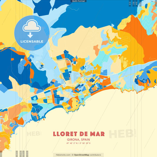 Lloret de Mar, Girona, Spain blue and orange vector art map template