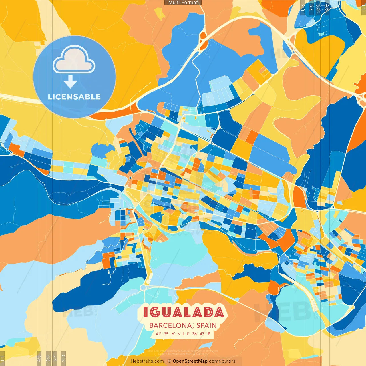 Igualada, Barcelona, Spain blue and orange vector art map template