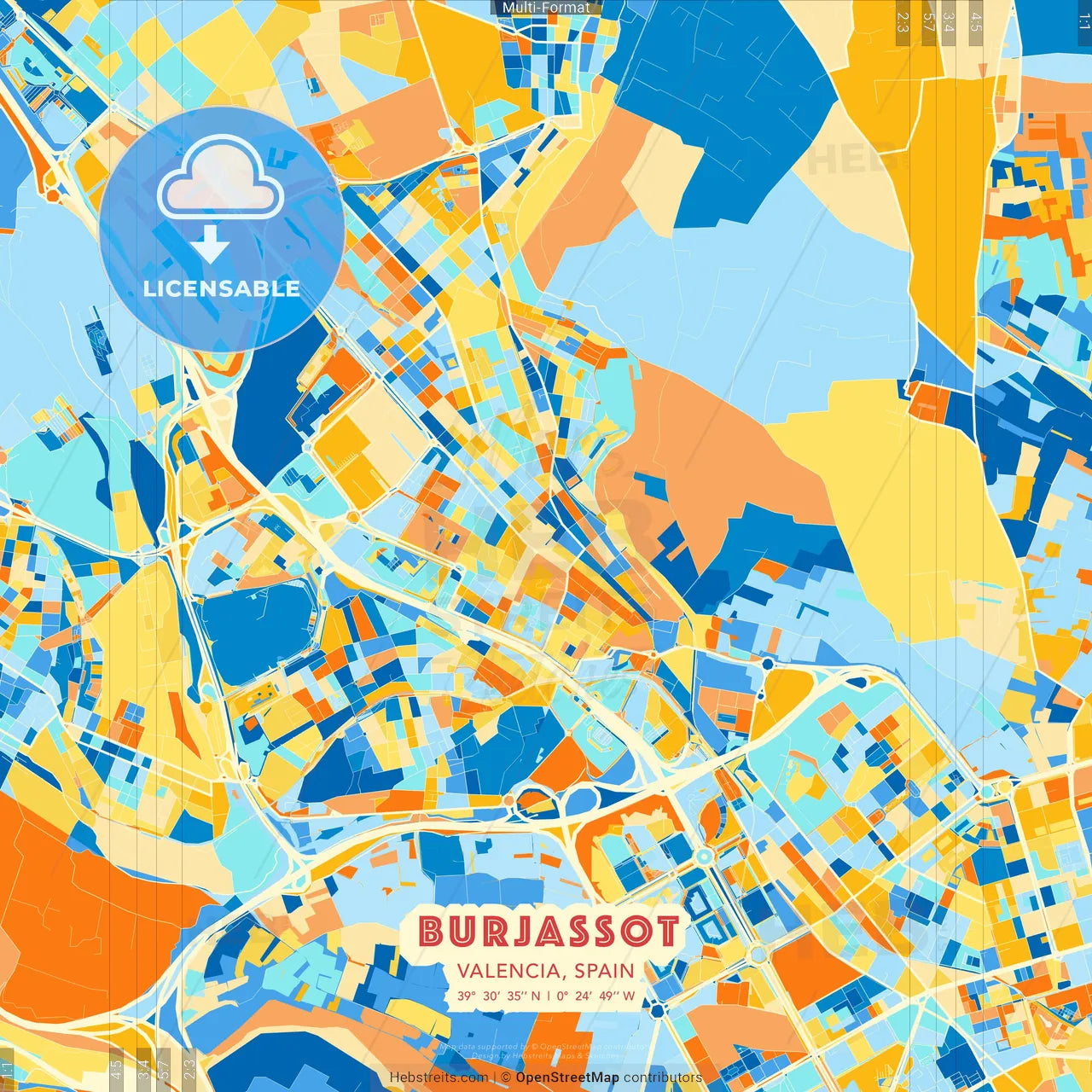 Burjassot, Valencia, Spain blue and orange vector art map template