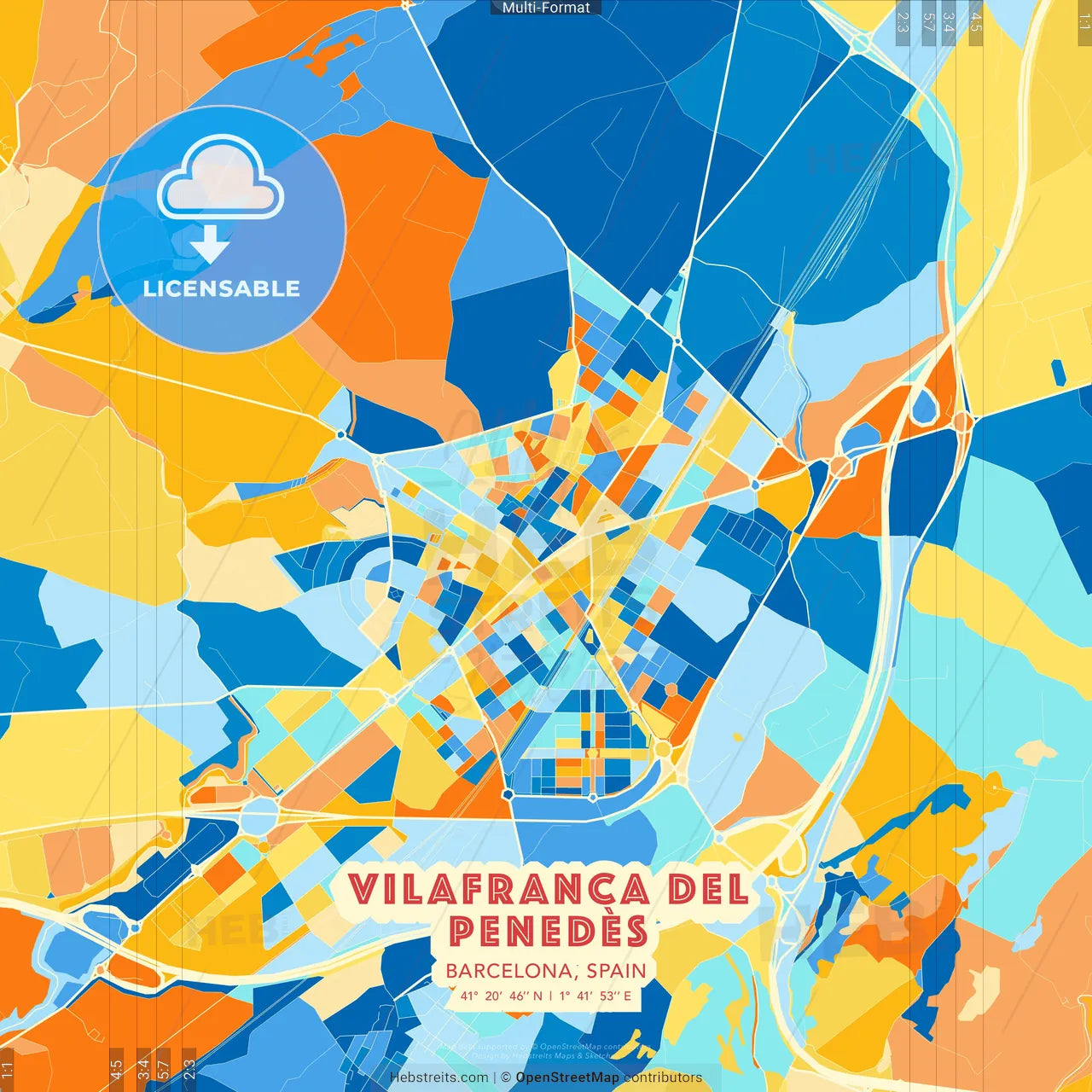 Vilafranca del Penedès, Barcelona, Spain blue and orange vector art map template