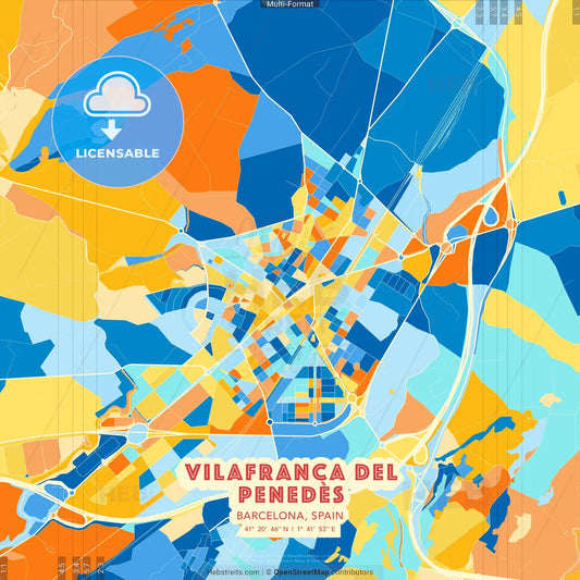 Vilafranca del Penedès, Barcelona, Spain blue and orange vector art map template