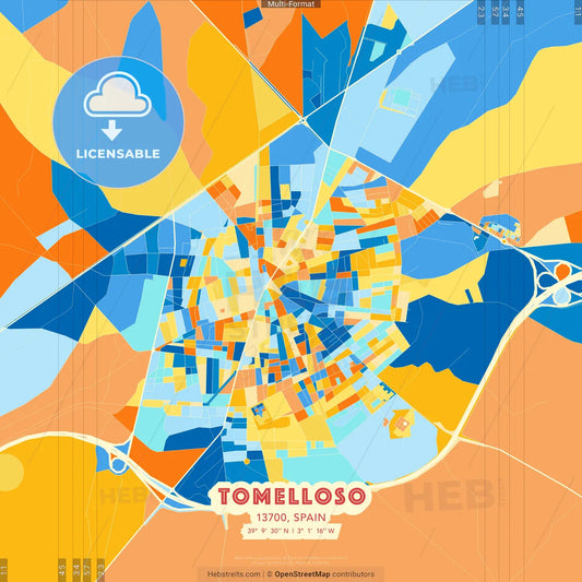 Tomelloso, 13700, Spain blue and orange vector art map template