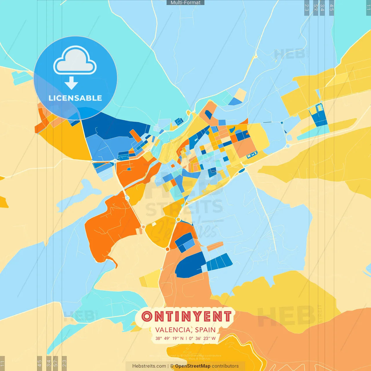Ontinyent, Valencia, Spain blue and orange vector art map template